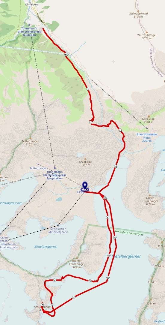 Streckenplan Skitour Schuchtkogel mit Bergbahn Pitztaler Gletscher