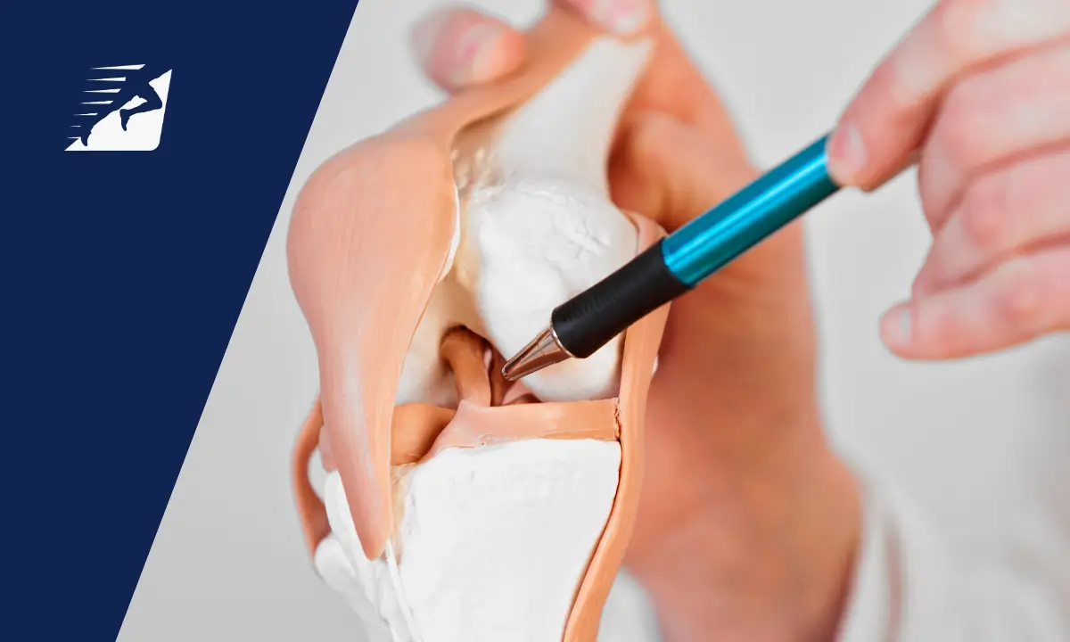 Ein Arzt zeigt mit einem Kugelschreiber auf das Kreuzband des Knies