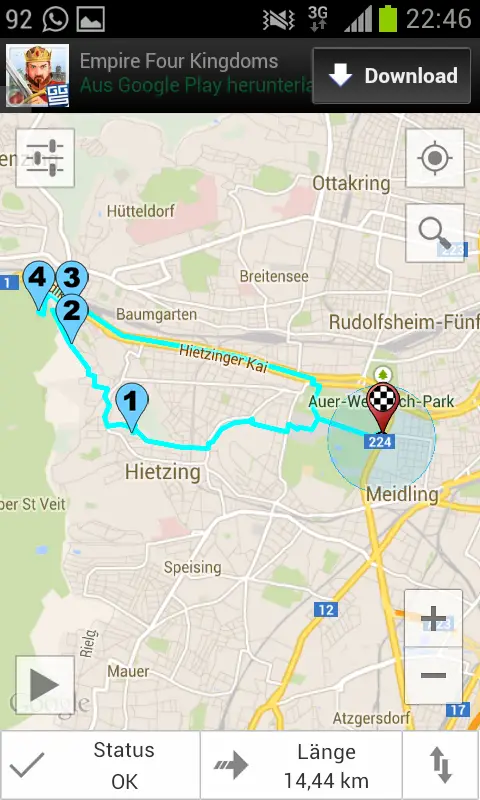 Der Screenshot zeigt die Streckenaufzeichnung beim Route Runner