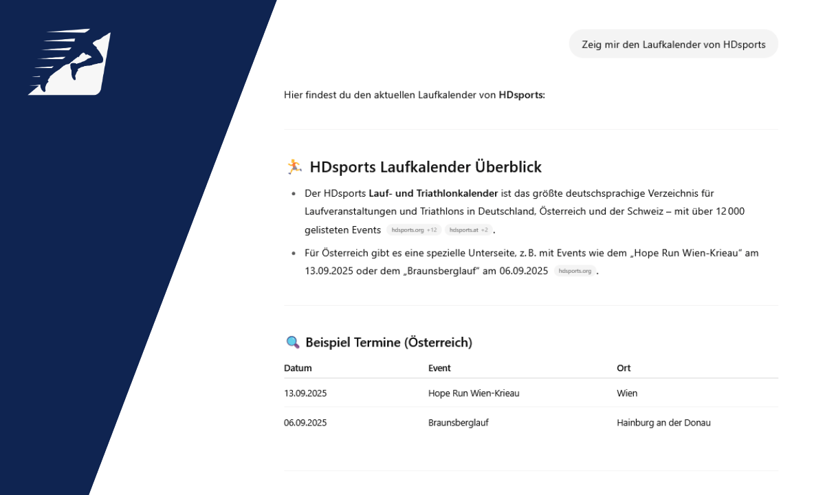 So reagiert ChatGPT, wenn man nach dem Laufkalender von HDsports fragt.
