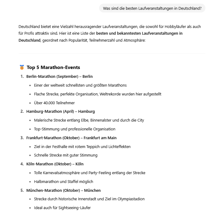 ChatGPT Antwort auf die besten Laufveranstaltungen in Deutschland.