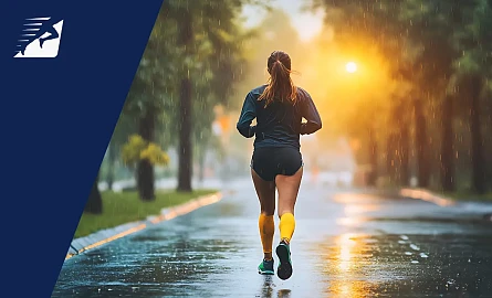 Eine Frau läuft auf einer Straße im Regen