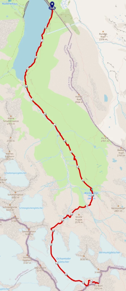 Hochtour auf den Piz Buin: Streckenplan