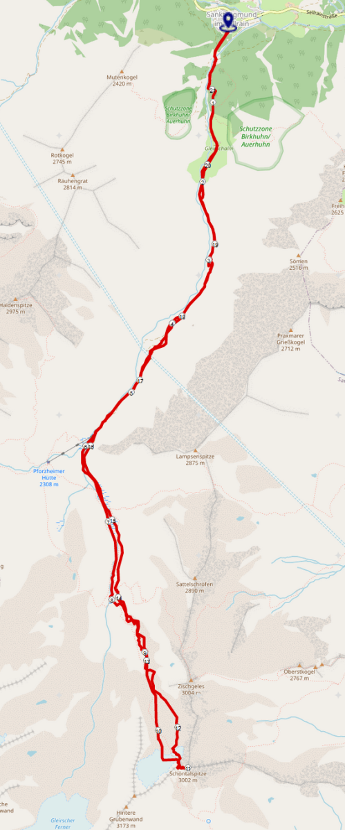 Strecke Skitour Schöntalspitze über das Gleirschtal