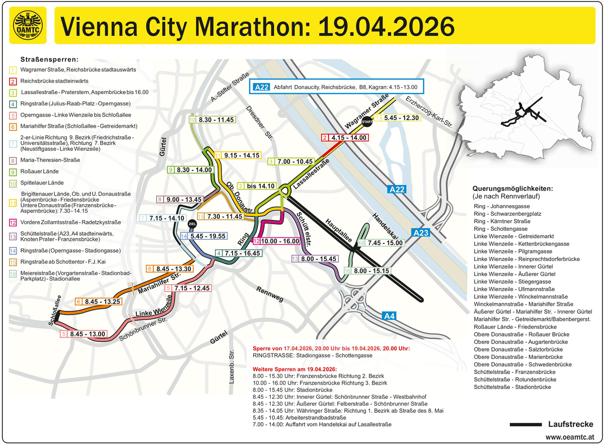 Vienna City Marathon 2026: Übersicht Straßensperren