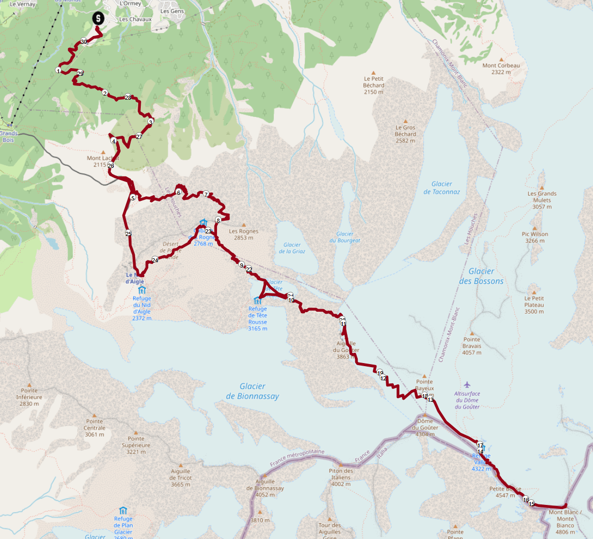 Mont Blanc Besteigung: Normalweg Streckenplan