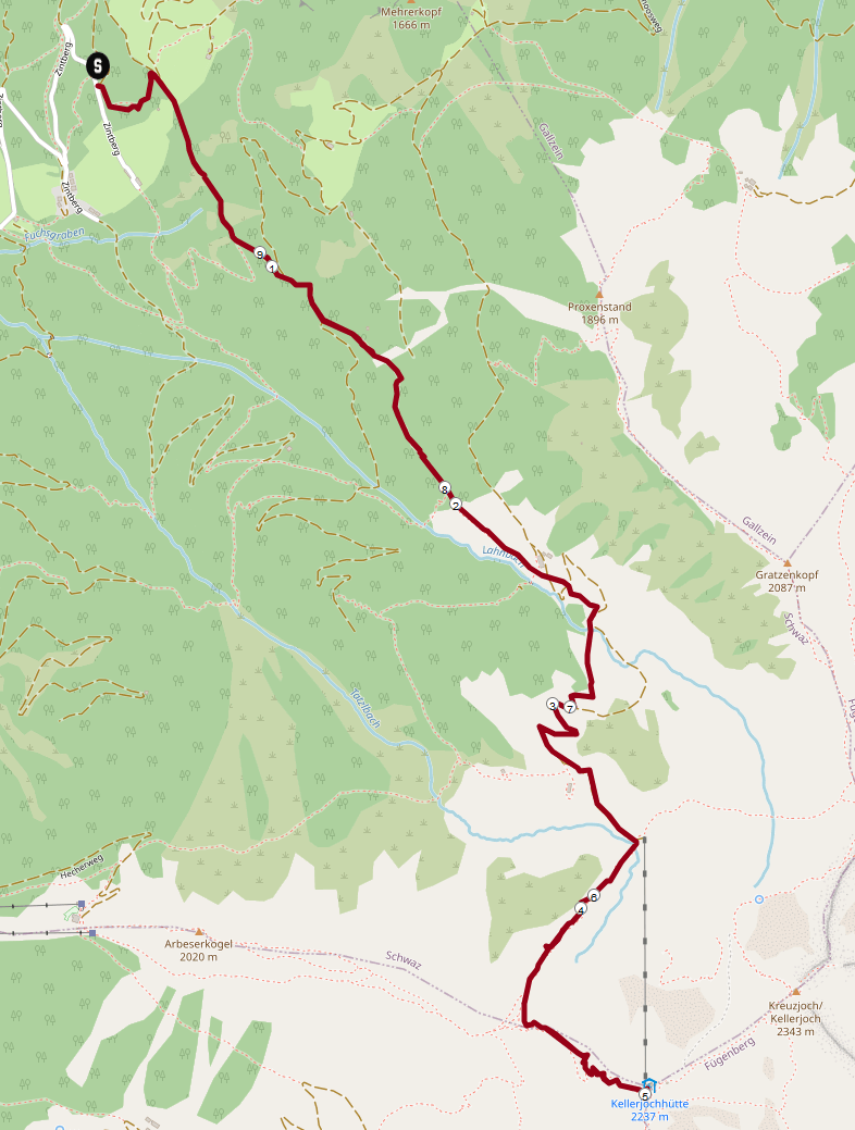 Skitour Kellerjochhütte: Streckenplan Skitour Kellerjochhütte: Streckenplan