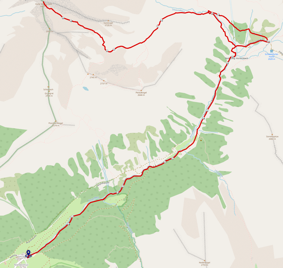 Streckenplan Hohe Wasserfalle Bergtour: Normalweg