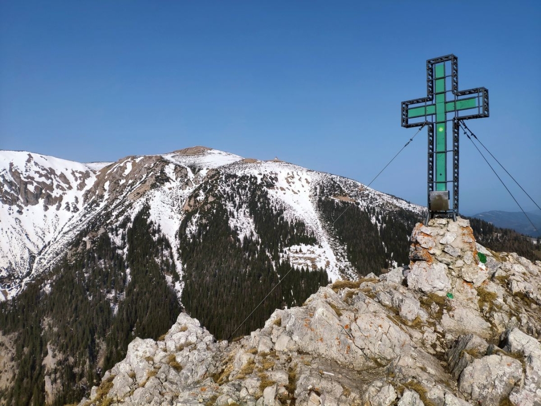 Krummbachstein 22: Gipfelkreuz Krummbachstein, im Hintergrund der Schneeberg, der über einen Wanderweg auch von hier aus gut zu erreichen ist Krummbachstein 22: Gipfelkreuz Krummbachstein, im Hintergrund der Schneeberg, der über einen Wanderweg auch von hier aus gut zu erreichen ist