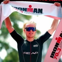Youngest athlete in the men&#039;s professional field, Eliot Smales celebrates his first win at IRONMAN 70.3 Staffordshire in June this year. Smales was fourth at IRONMAN 70.3 Edinburgh in 2017. (C) Getty Images for IRONMAN