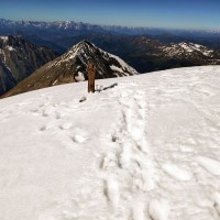 Hoher Sonnblick-Hocharn 68: Das Gipfelkreuz liegt noch fast zur Gänze unter dem Schnee
