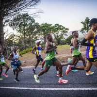 Two Oceans Marathon 2024: Spitzengruppe an erster Steigung.