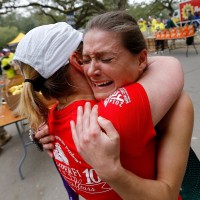 Kayla Campasino embraces a friend at the finish line with tears of joy after winning the women&#039;s 2019 Humana Rock &#039;n&#039; Roll New Orleans marathon with a time of 2:55:06  (Photo Credit: Jonathan Bachman/Getty Images for Rock &#039;n&#039; Roll Marathon Series)